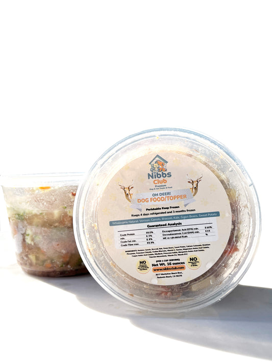 Oh Deer! Dog Food and Food Topper in front of a white background