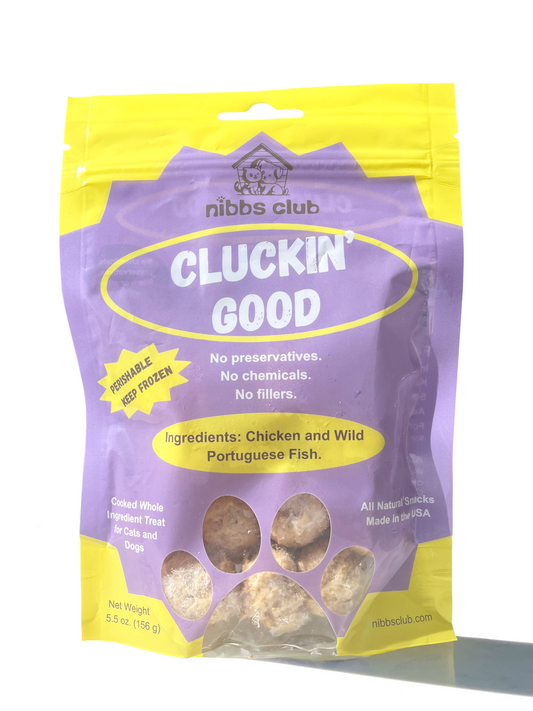 Clucking Good dog and cat chicken treats product pictured on a white background
