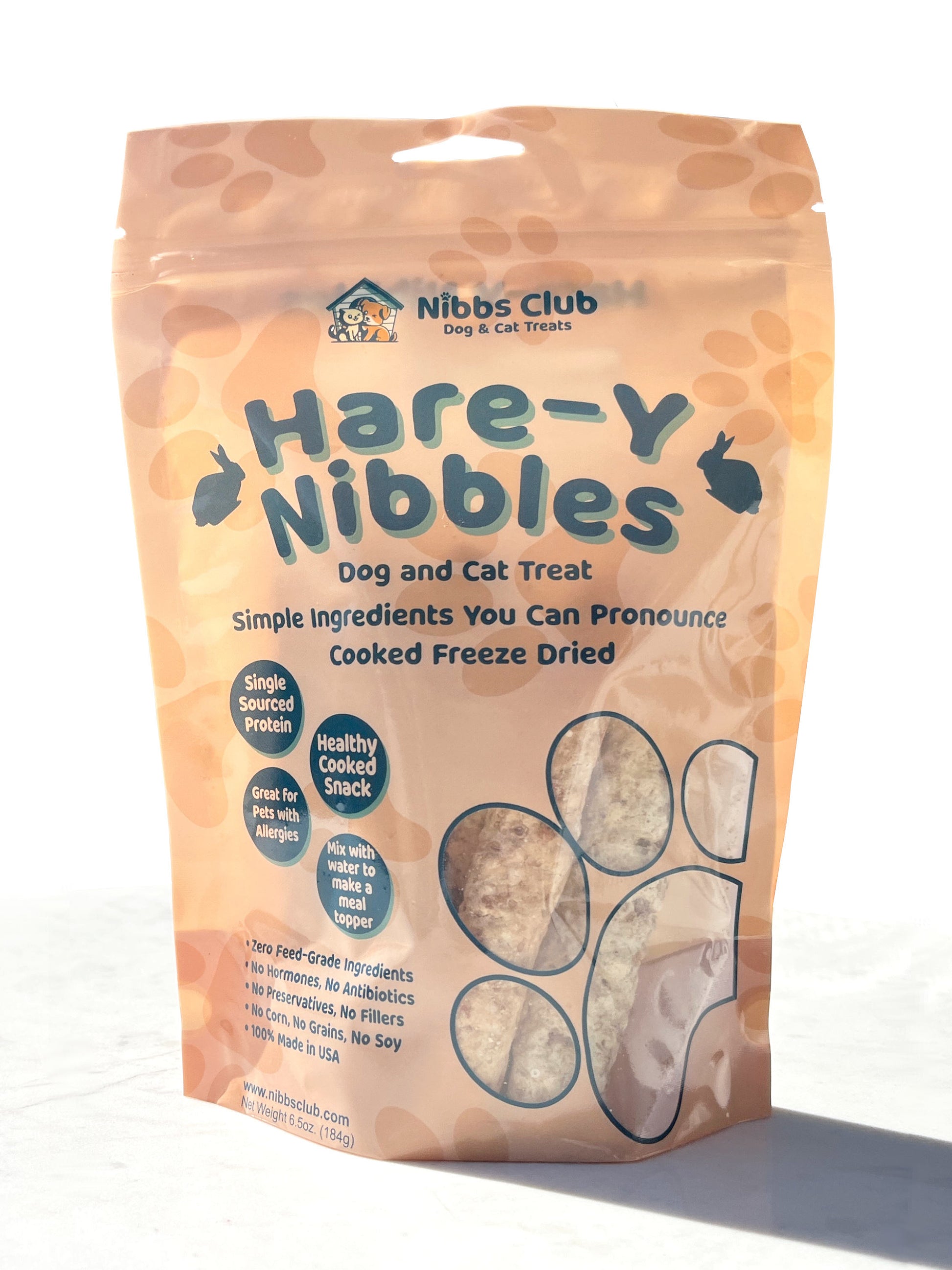 Hare-y Nibbles Dog and Cat Treats in front of a white background